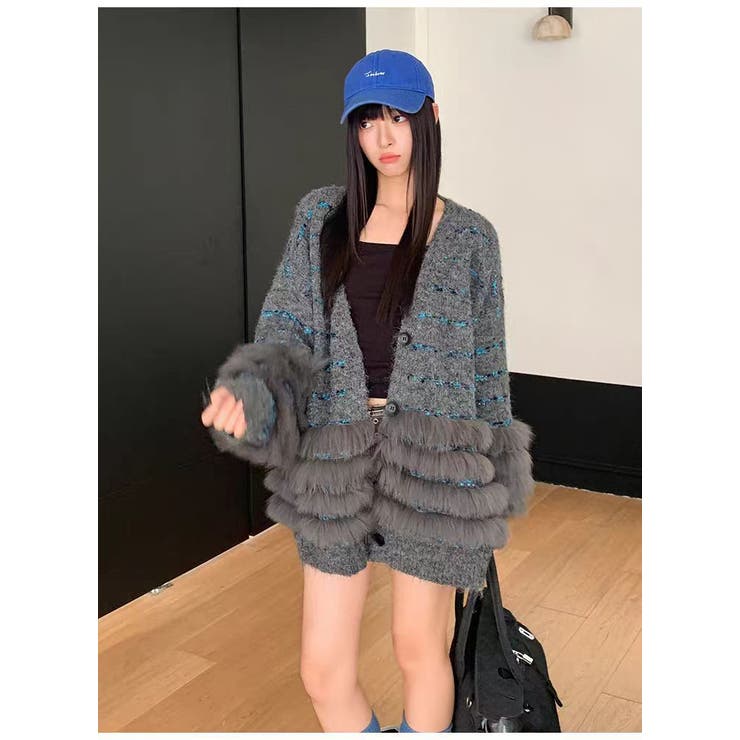 ニットカーディガン ファー付き ボーダー ロング丈 羽織り きれいめ 大人 | JS FASHION | 詳細画像5 