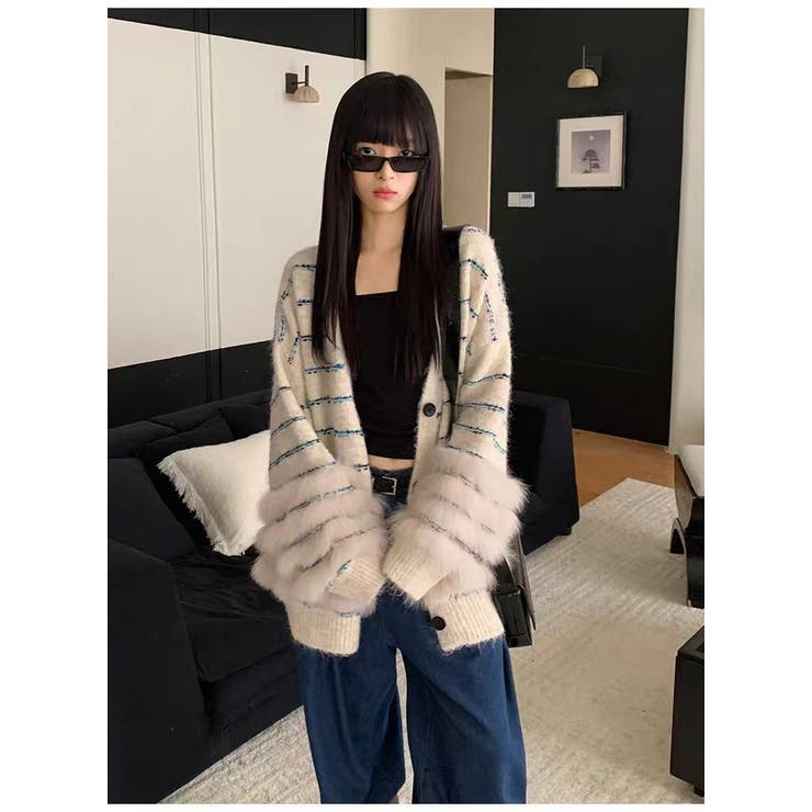 ニットカーディガン ファー付き ボーダー ロング丈 羽織り きれいめ 大人 | JS FASHION | 詳細画像9 