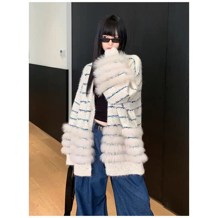 ニットカーディガン ファー付き ボーダー ロング丈 羽織り きれいめ 大人 | JS FASHION | 詳細画像11 