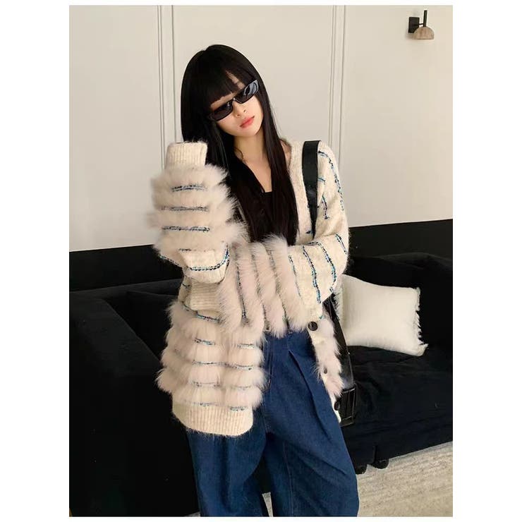 ニットカーディガン ファー付き ボーダー ロング丈 羽織り きれいめ 大人 | JS FASHION | 詳細画像10 