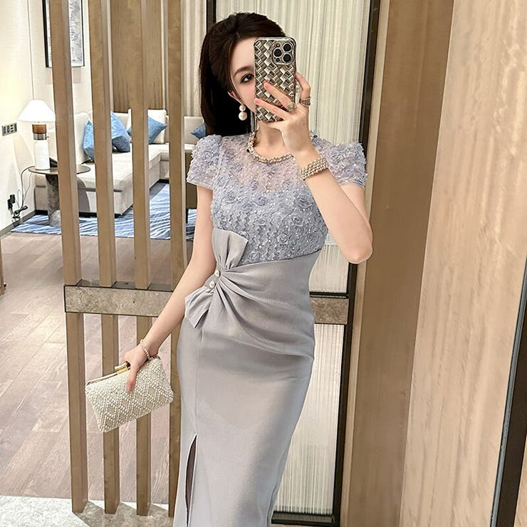 パーティードレス フラワーレース切替 リボンデザイン | JS FASHION | 詳細画像1 