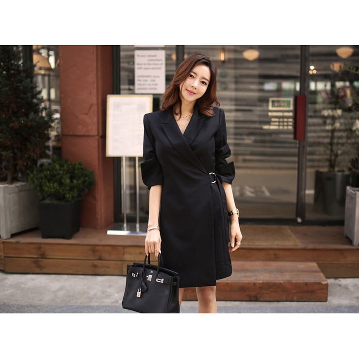 2色 スーツワンピース風 襟付きカシュクールドレスワンピース