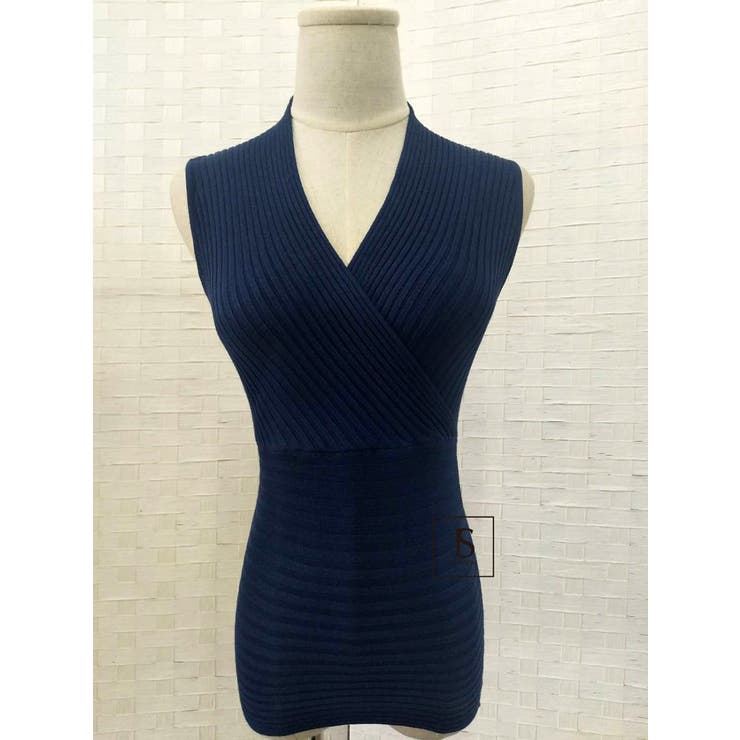 ネイビー | タイトショート丈トップス 薄手ニット カシュクール風深いVネック | JS FASHION