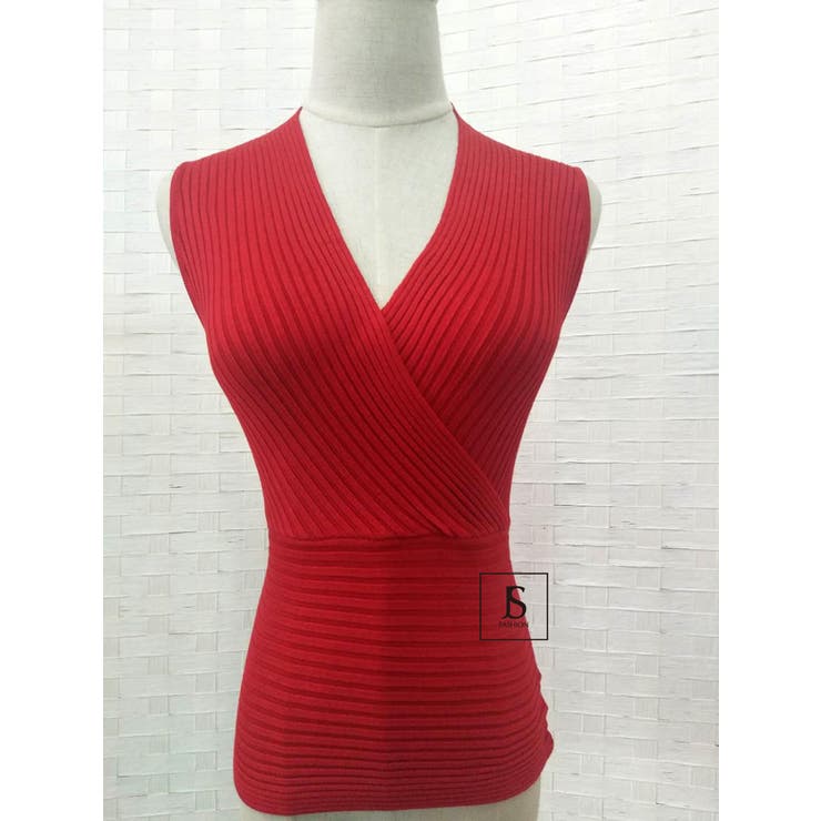 レッド | タイトショート丈トップス 薄手ニット カシュクール風深いVネック | JS FASHION