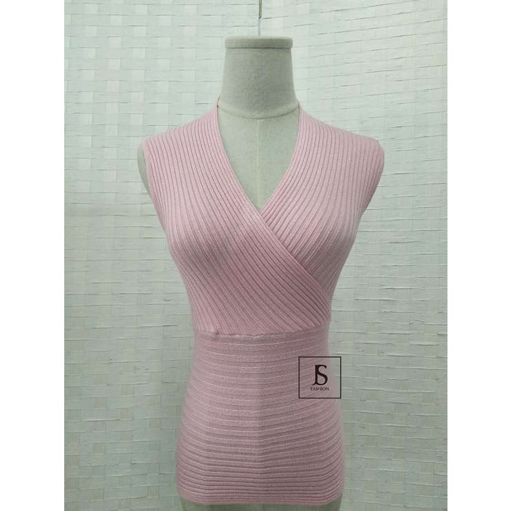 ライトピンク | タイトショート丈トップス 薄手ニット カシュクール風深いVネック | JS FASHION