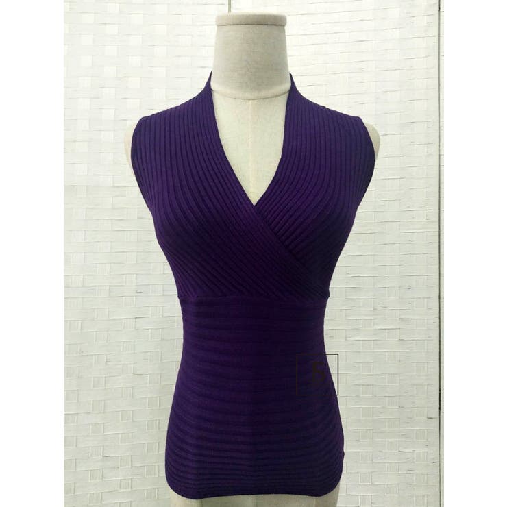 パープル | タイトショート丈トップス 薄手ニット カシュクール風深いVネック | JS FASHION