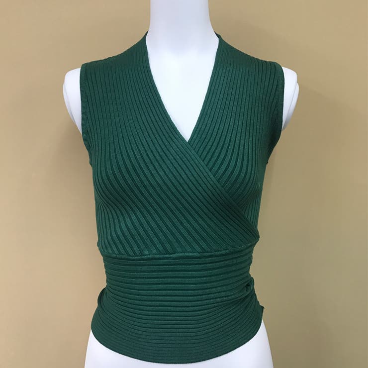ダークグリーン | タイトショート丈トップス 薄手ニット カシュクール風深いVネック | JS FASHION