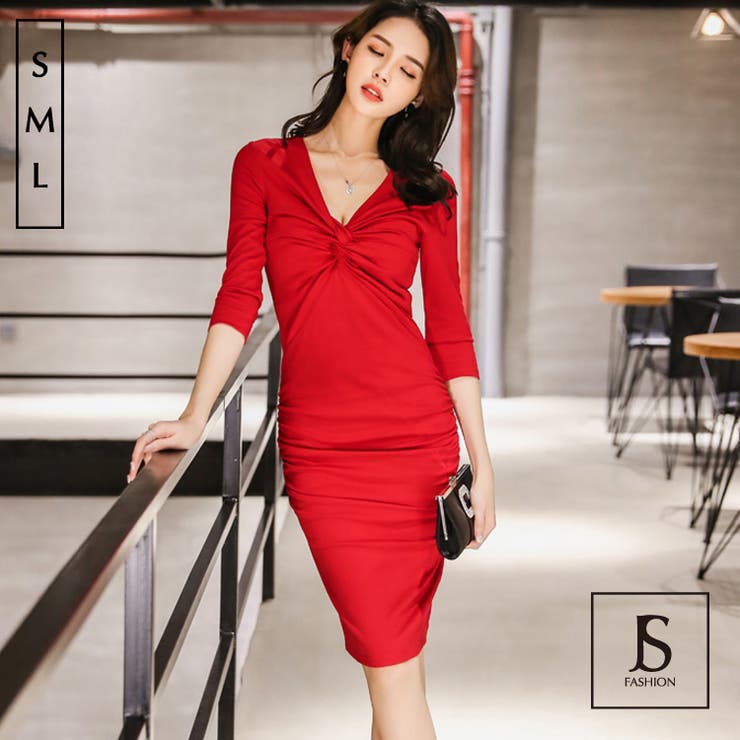 胸元クロス ギャザー入りタイトワンピース レッドワンピース 品番 Jsfw Js Fashion ジェーエスファッション のレディースファッション通販 Shoplist ショップリスト