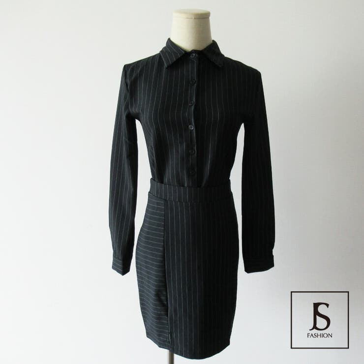 セットアップ ストライプ柄 シャツブラウスとタイトスカート上下