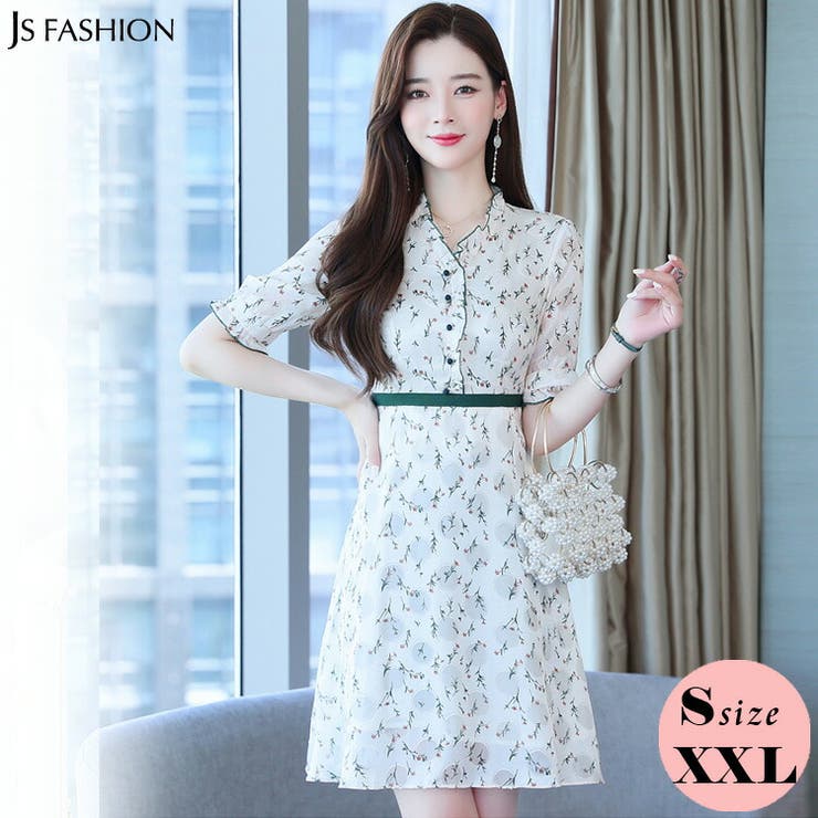 3560　レディース　アロハ　フラダンス　ワンピース　白Ｘ花柄 小花柄 ワンピース Aライン[品番：JSFW0010643]｜JS FASHION