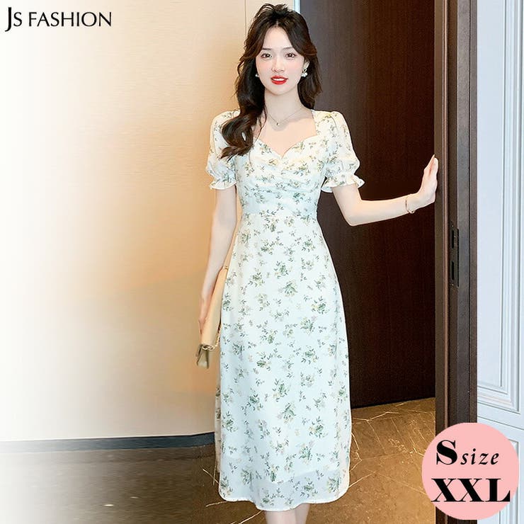 シフォン 小花柄 パフ袖 フィッシュテール ロング ワンピース 小花柄 ワンピース シフォン[品番：JSFW0010655]｜JS FASHION
