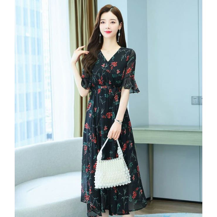 青と黒の花柄ノースリーブドレス no brand（ノーブランド）の「総レース 花柄 ワンピース ドレス