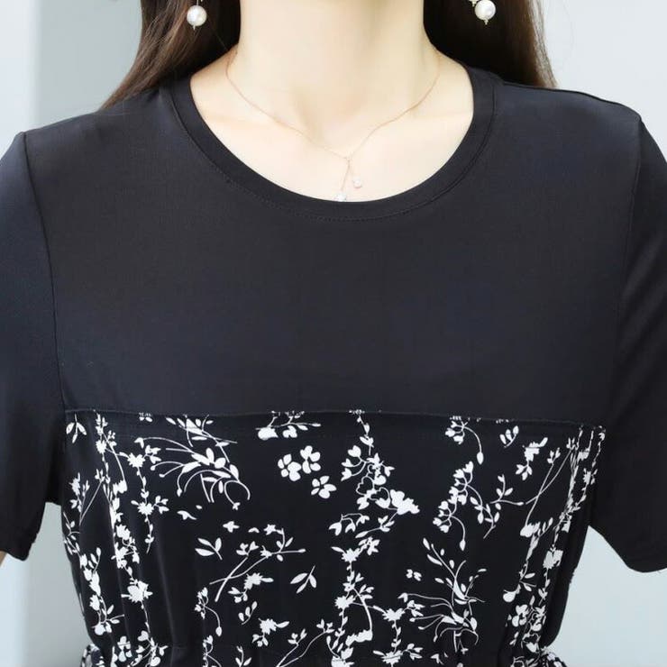 花柄Aラインワンピース ハイウエスト 黒[品番：JSFW0009567]｜JS