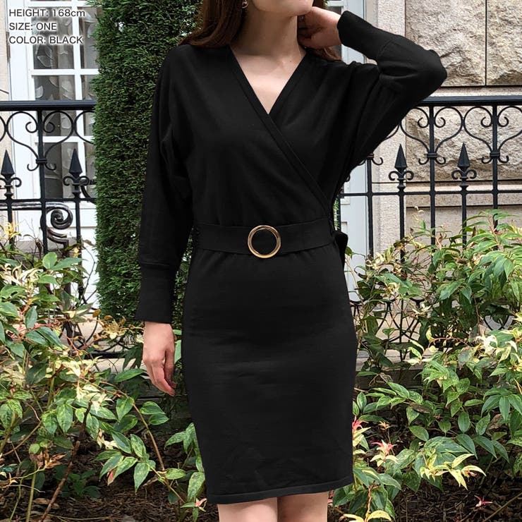 【ブラック】 | リングベルト付きカシュクールニットワンピース  | JULIA BOUTIQUE