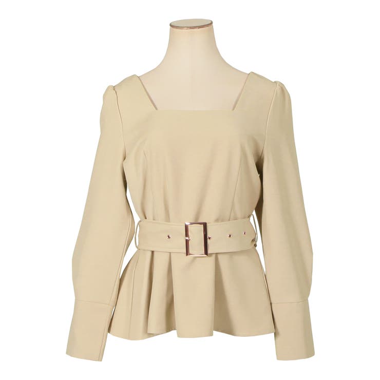 ベルト付きスクエアネックペプラムブラウス トップス[品番