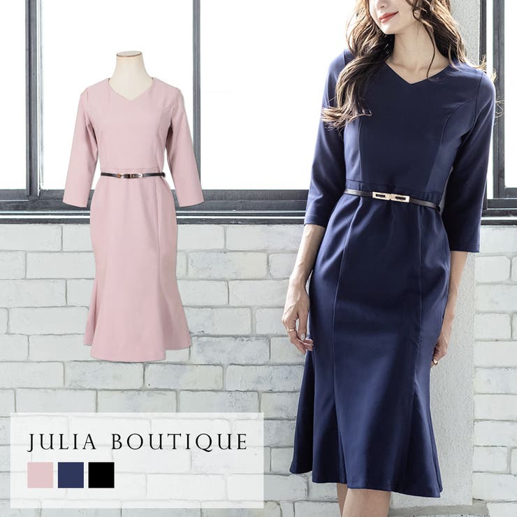 ベルト付き七分袖マーメイドワンピース [品番：BA000005002]｜JULIA