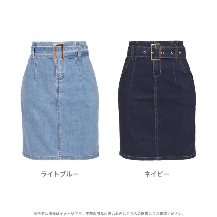 ゴールドバックルベルト付タイトデニムスカート [21562 タイトスカート