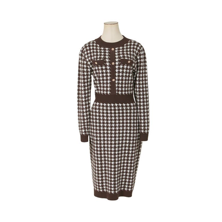 千鳥格子柄パイピングタイトニットワンピース [品番：BA000005043