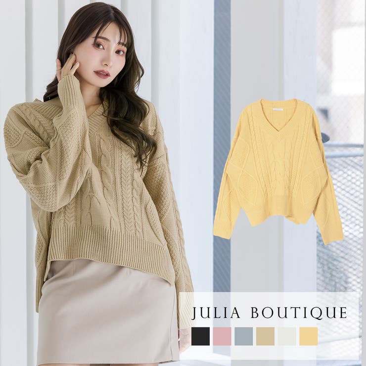 ケーブル編みVネックニットトップス/21703[品番：BA000005075]｜JULIA