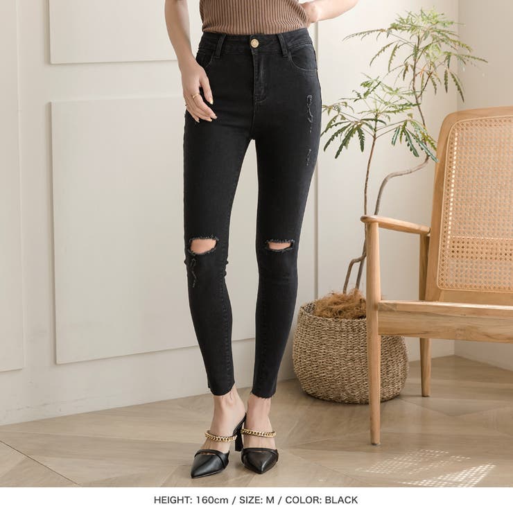 S 3Lサイズ 膝クラッシュハイライズスキニーデニム[品番：BA000005109