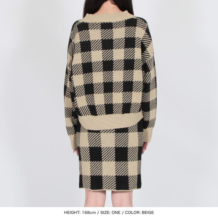 2点セット チェック柄ニットカーディガン+タイトスカートセットアップ
