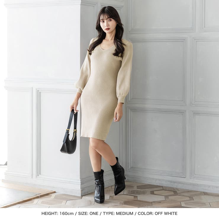 選べる2丈 バルーンスリーブタイトニットワンピース[品番