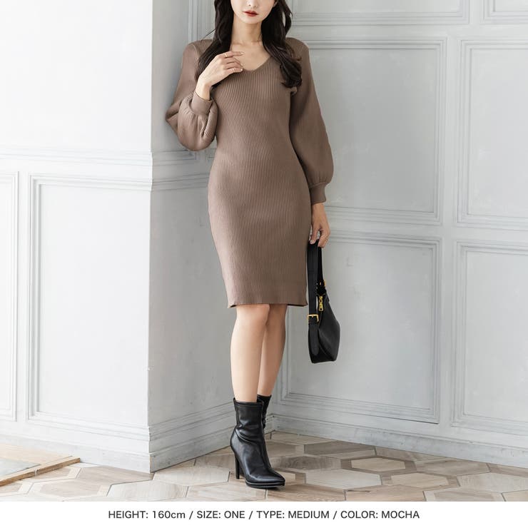 選べる2丈 バルーンスリーブタイトニットワンピース[品番：BA000005321