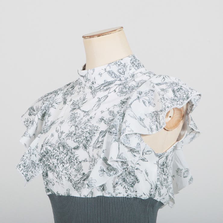 感謝sale♡ハイウエストリボンワンピース　トワルドジュイ柄　ブルー。.＊ 感謝sale♡ハイウエストリボンワンピース トワルドジュイ柄