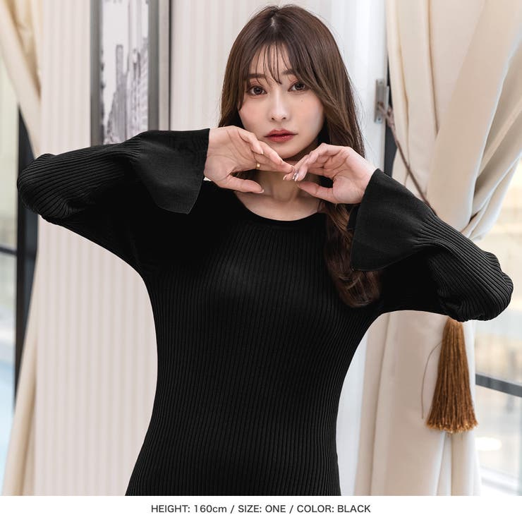 ベルスリーブタイトロングニットワンピース [品番：BA000005431