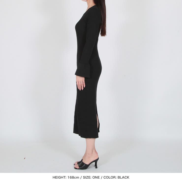 ベルスリーブタイトロングニットワンピース [品番：BA000005431