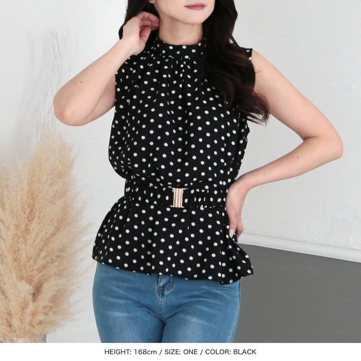 ドット柄ウエストマークノースリーブトップス [23098 トップス[品番