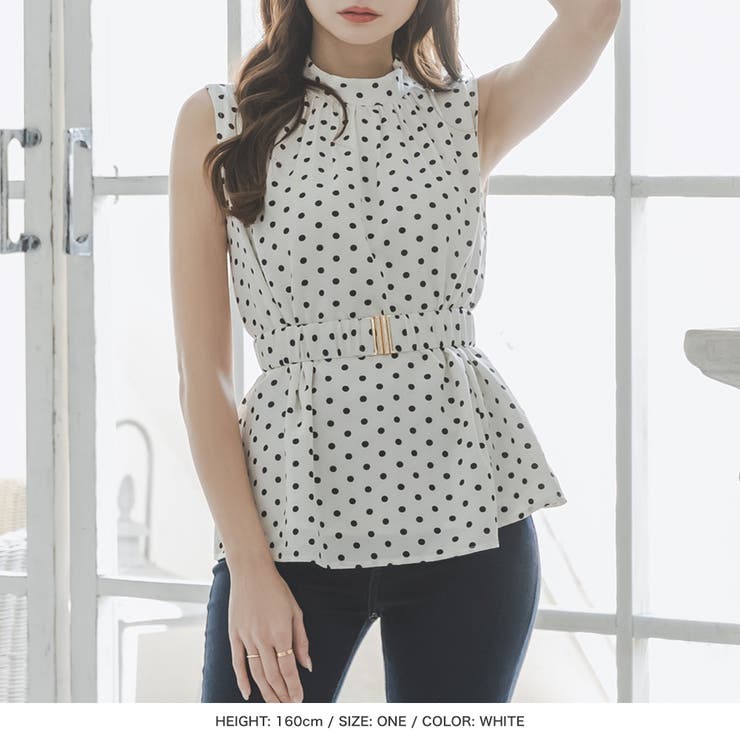 ドット柄ウエストマークノースリーブトップス [23098 トップス[品番