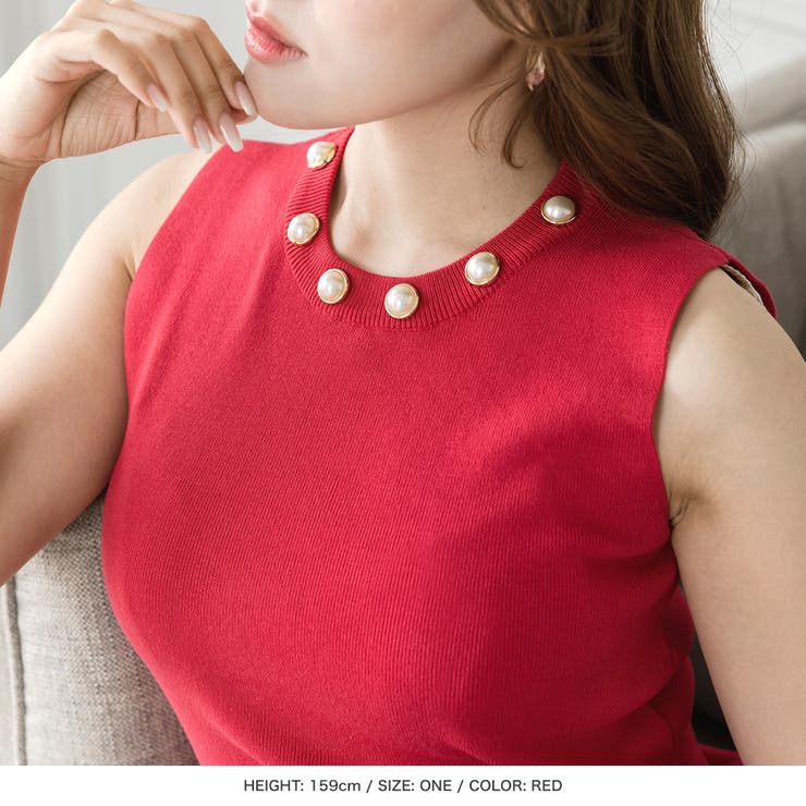 RED VALENTINO リブ編みパフスリーブトップス XS 赤 パールネックノースリーブニットトップス [23149 レディース