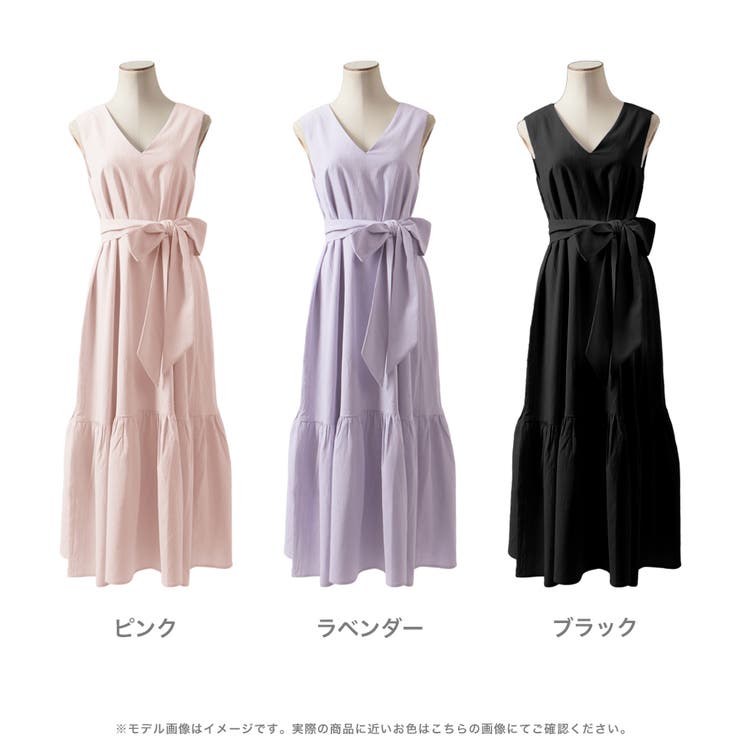 リボン付き前後Vネックロングワンピース [品番：BA000005530