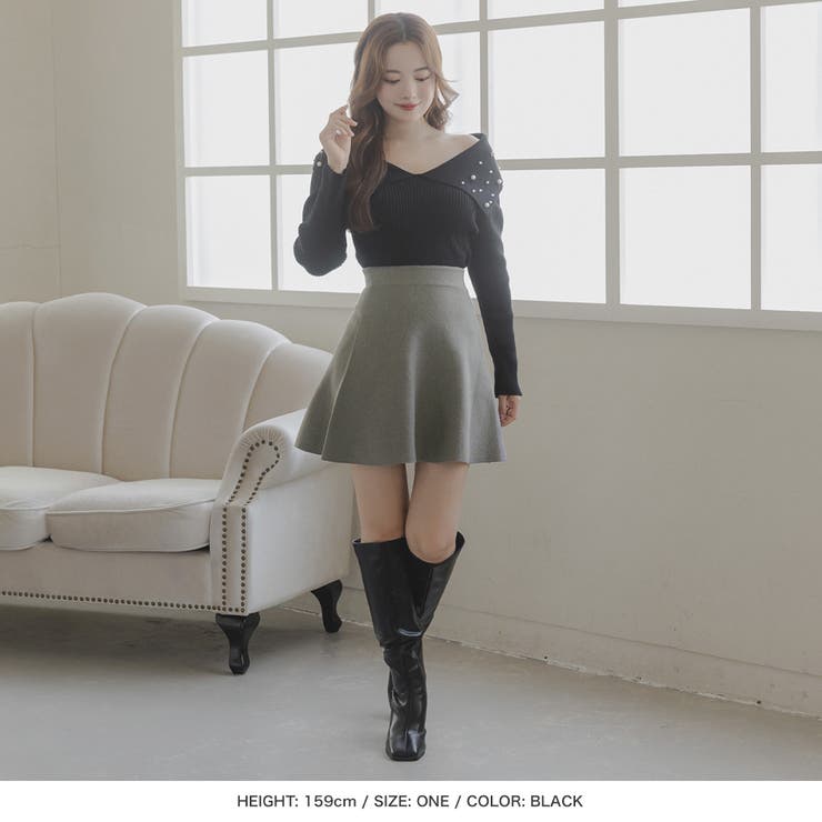 ジュリアブティック JULIA BOUTIQUE パール付きデコルテオープンニットトップス/23543 （Black） パール付きデコルテオープンニットトップス JB23543