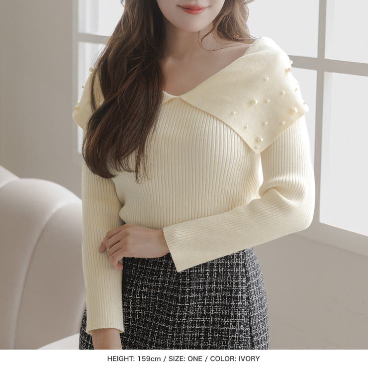 ジュリアブティック JULIA BOUTIQUE パール付きデコルテオープンニットトップス/23543 （Black） パール付きデコルテオープンニットトップス JB23543