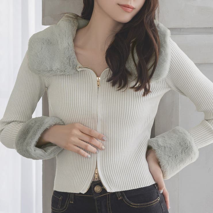フェイクファー付きファスナーニットトップス/23548[品番