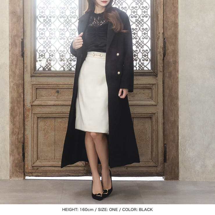 ウエストリボン付きウールタッチロングコート [品番：BA000005667