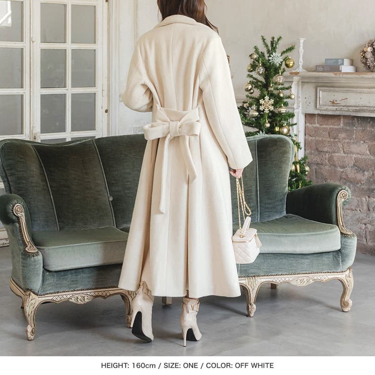 ウエストリボン付きウールタッチロングコート [品番：BA000005667