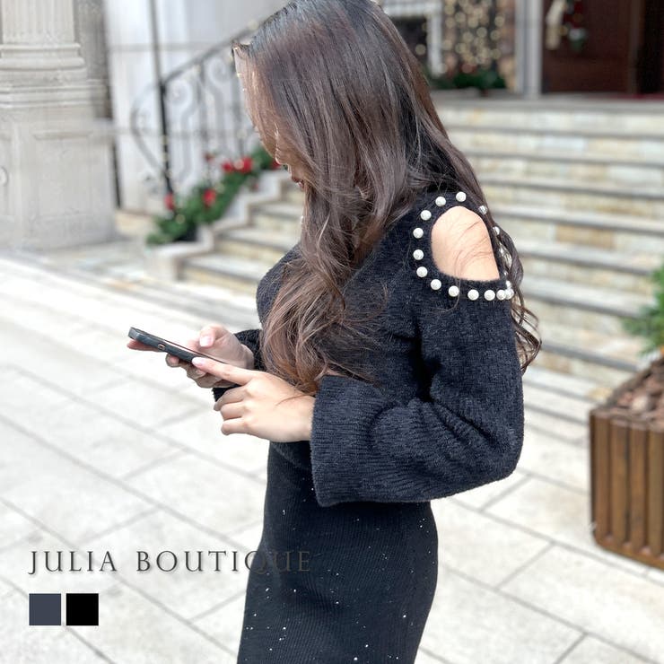 ジュリアブティック JULIA BOUTIQUE 肩パール付きシャギータッチニットトップス/23588 （Navy） ジュリアブティック JULIA BOUTIQUE 肩パール付きシャギータッチ