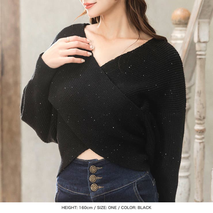 ジュリアブティック JULIA BOUTIQUE スパングルカシュクールニットトップス/23603 （Navy） ジュリアブティック JULIA BOUTIQUE スパングルカシュクール