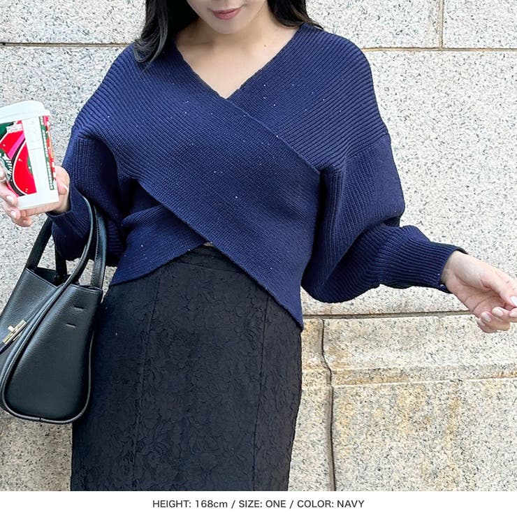 ジュリアブティック JULIA BOUTIQUE スパングルカシュクールニットトップス/23603 （Navy） ジュリアブティック JULIA BOUTIQUE スパングルカシュクール