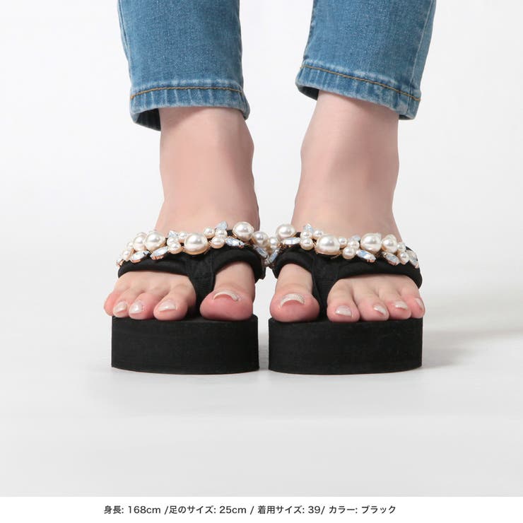 ビジュー＆パール厚底ビーチサンダル [品番：BA000005833