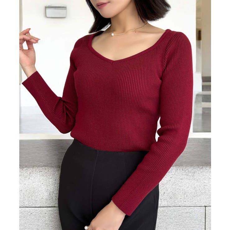 【レッド】 | ネックが選べる毎日リブニットトップス  | JULIA BOUTIQUE