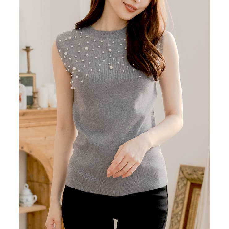 【グレー】 | パールデコニットトップス [24521 ノースリーブ | JULIA BOUTIQUE