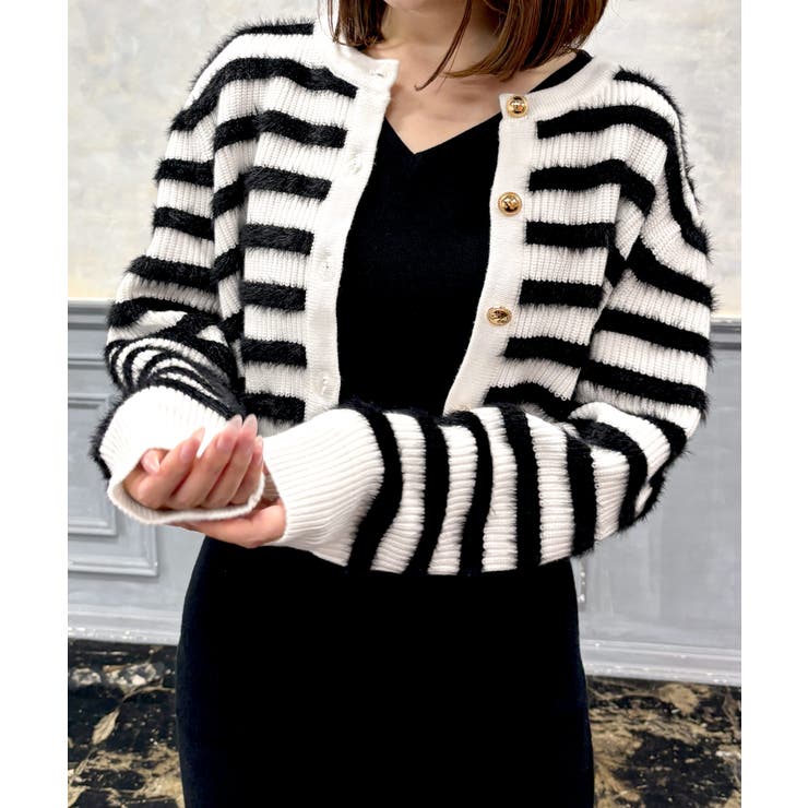 【ホワイト】 | シャギーボーダーニットカーディガン [24540 長袖 | JULIA BOUTIQUE