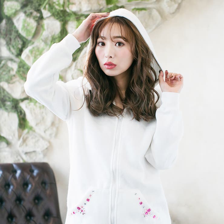 ポケットビジュー付き裏起毛スウェットフードパーカーワンピース  