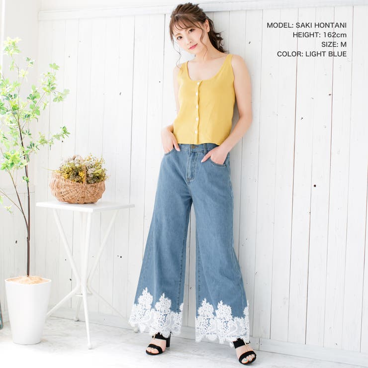 amitie デニムパンツ 刺繍 花レース 裾レース ブルー Lサイズ アミティエ amitie リボンレースカットワークデニムクロップド