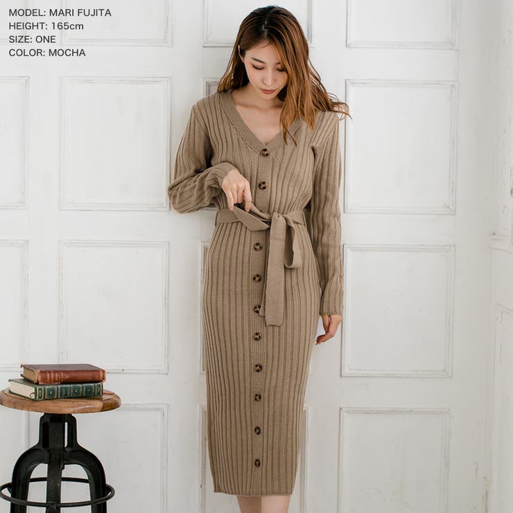 overE タイト風フロントボタンリブニットワンピースバイカラー 96