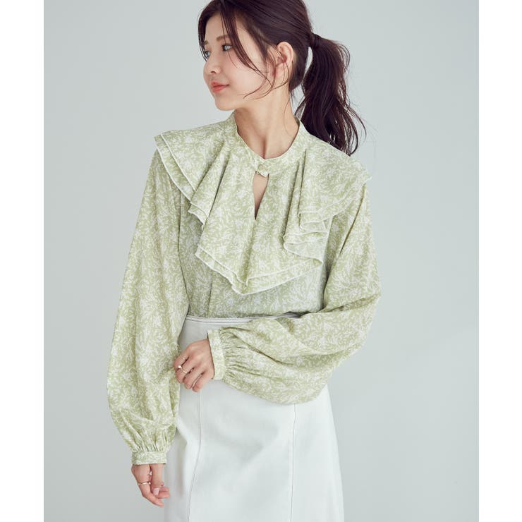 WEB限定】リーフ柄ラッフルフリルブラウス[品番：VISW0028326]｜VIS